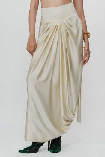 AK-OK Ivory Silk Draped Knotted Cord Waist Skirt at Aza Fashions AK-OK_Ivory Silk Draped Knotted Cord Waist Skirt _at_Aza_Fashions