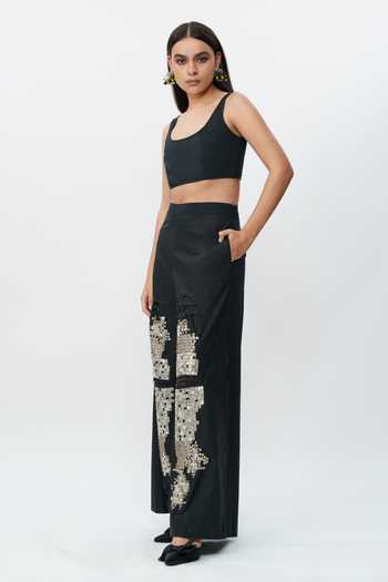 AK-OK_Black Cotton Shredded Mirror Work Pant _Online_at_Aza_Fashions