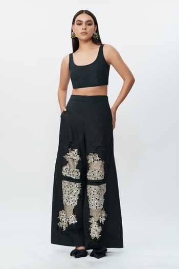 Buy_AK-OK_Black Cotton Shredded Mirror Work Pant _Online_at_Aza_Fashions