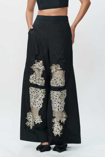 AK-OK_Black Cotton Shredded Mirror Work Pant _at_Aza_Fashions