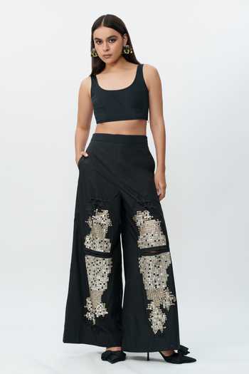 Buy_AK-OK_Black Cotton Shredded Mirror Work Pant 