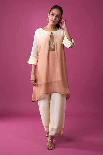 Buy_Khwaab By Sanjana Lakhani_Ivory Silk Embroidery Round Neck Ombre Kurta And Pant Set 