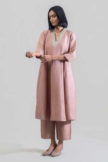 Tuli_Purple Silk, Cotton V-neck Sand Zari Work Anarkali With Pant _Online_at_Aza_Fashions