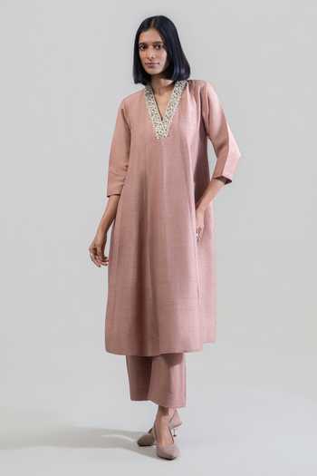 Buy_Tuli_Purple Silk, Cotton V-neck Sand Zari Work Anarkali With Pant _Online_at_Aza_Fashions