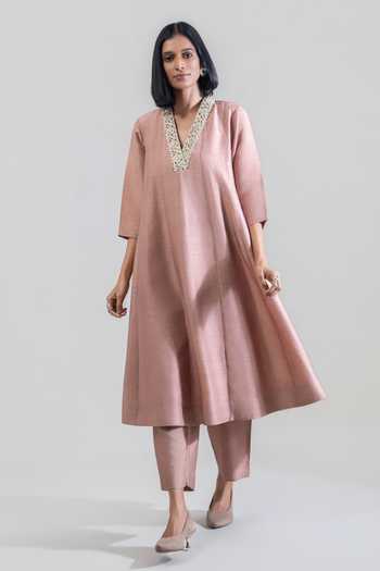 Shop_Tuli_Purple Silk, Cotton V-neck Sand Zari Work Anarkali With Pant _Online_at_Aza_Fashions