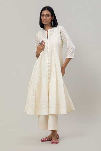 Tuli Ivory Chanderi Mandarin Collar Veda Jacquard Anarkali And Pant Set Online at Aza Fashions Tuli_Ivory Chanderi Mandarin Collar Veda Jacquard Anarkali And Pant Set _Online_at_Aza_Fashions