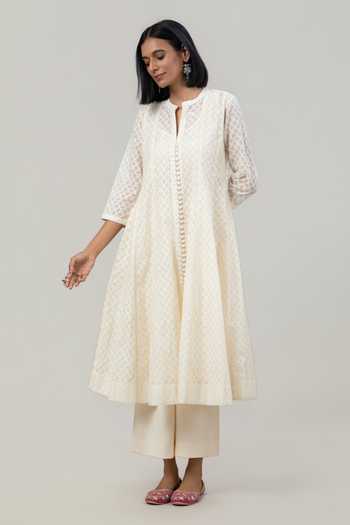 Buy Tuli Ivory Chanderi Mandarin Collar Veda Jacquard Anarkali And Pant Set Online at Aza Fashions Buy_Tuli_Ivory Chanderi Mandarin Collar Veda Jacquard Anarkali And Pant Set _Online_at_Aza_Fashions