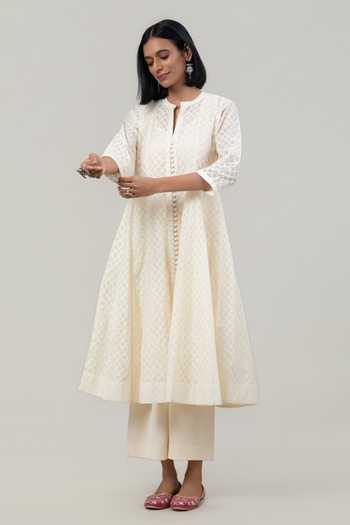 Shop Tuli Ivory Chanderi Mandarin Collar Veda Jacquard Anarkali And Pant Set Online at Aza Fashions Shop_Tuli_Ivory Chanderi Mandarin Collar Veda Jacquard Anarkali And Pant Set _Online_at_Aza_Fashions