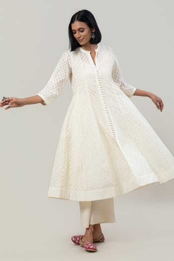 Buy Tuli Ivory Chanderi Mandarin Collar Veda Jacquard Anarkali And Pant Set Buy_Tuli_Ivory Chanderi Mandarin Collar Veda Jacquard Anarkali And Pant Set