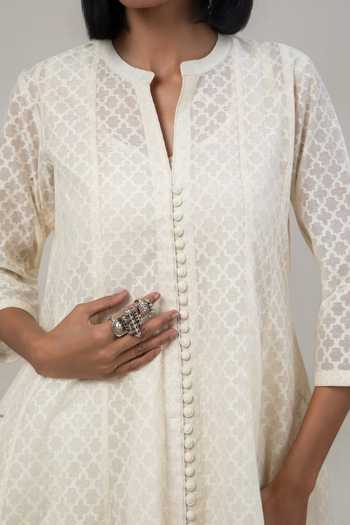 Shop Tuli Ivory Chanderi Mandarin Collar Veda Jacquard Anarkali And Pant Set Shop_Tuli_Ivory Chanderi Mandarin Collar Veda Jacquard Anarkali And Pant Set