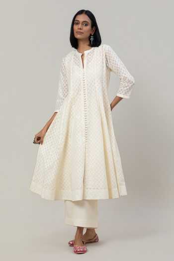 Buy_Tuli_Ivory Chanderi, Jacquard, Cotton, Organza, Silk Split V-neck Vriti Anarkali Set _Online_at_Aza_Fashions