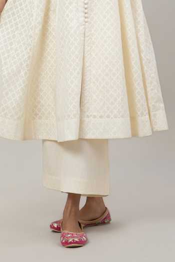 Shop_Tuli_Ivory Chanderi, Jacquard, Cotton, Organza, Silk Split V-neck Vriti Anarkali Set _Online_at_Aza_Fashions