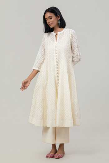 Tuli_Ivory Chanderi, Jacquard, Cotton, Organza, Silk Split V-neck Vriti Anarkali Set _at_Aza_Fashions