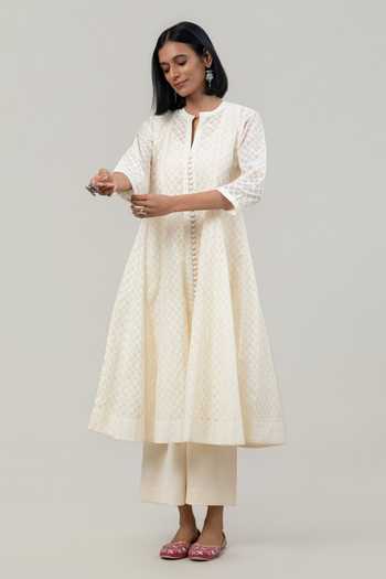 Buy_Tuli_Ivory Chanderi, Jacquard, Cotton, Organza, Silk Split V-neck Vriti Anarkali Set 