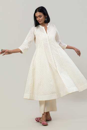 Shop_Tuli_Ivory Chanderi, Jacquard, Cotton, Organza, Silk Split V-neck Vriti Anarkali Set 