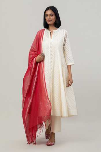 Shop Tuli Ivory Chanderi, Jacquard, Cotton, Organza, Silk Mandarin Nayana Anarkali Set Shop_Tuli_Ivory Chanderi, Jacquard, Cotton, Organza, Silk Mandarin Nayana Anarkali Set