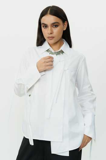 Buy_AK-OK_White Cotton Collared Neck String Detailed Shirt And Trouser Set 