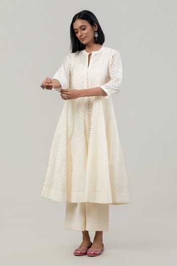Buy Tuli Ivory Chanderi, Jacquard, Cotton, Organza, Silk Mandarin Nayana Anarkali Set Buy_Tuli_Ivory Chanderi, Jacquard, Cotton, Organza, Silk Mandarin Nayana Anarkali Set