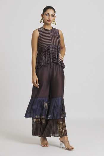 Urvashi Kaur_Wine Chanderi Silk Wide Legged Pant _at_Aza_Fashions