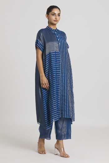 Urvashi Kaur_Blue Silk, Kota Doria Embroidery Stitchline Pant _at_Aza_Fashions