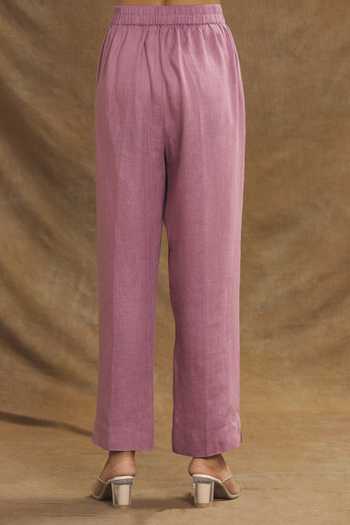 Linen Bloom_Purple Linen Solid Pant _Online_at_Aza_Fashions