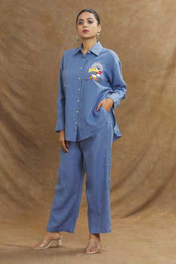 Linen Bloom Blue Linen Solid Pant at Aza Fashions Linen Bloom_Blue Linen Solid Pant _at_Aza_Fashions