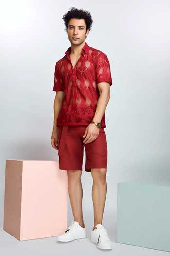 Buy_Nirmooha_Maroon Chiffon Embroidery Chantilly Lace Work Shirt _Online_at_Aza_Fashions