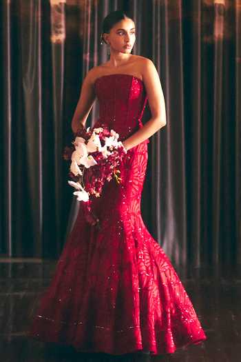 Mishru_Red Tulle Embroidery Malia Corset Skirt Set _at_Aza_Fashions