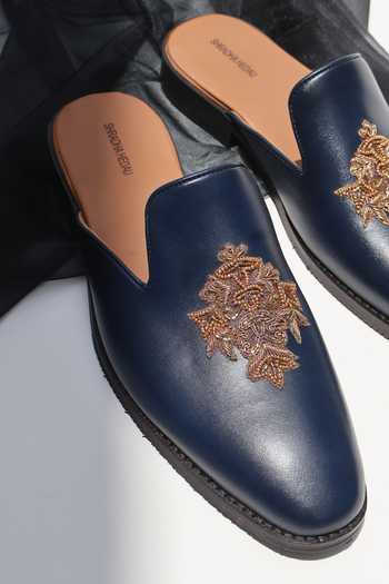 Shop_Shradha Hedau Footwear Couture_Navy Shaurya Crest Embroidered Slip-on Mules 