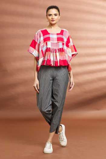 Naintara Bajaj_Grey Cotton Striped Straight Pant _at_Aza_Fashions