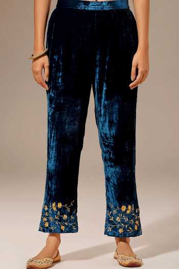 Buy_Anantaa By Roohi_Blue Velvet Floral Embroidered Placed Palazzo Pant _Online_at_Aza_Fashions