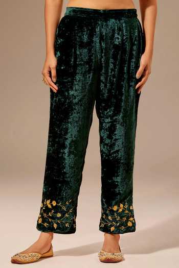 Buy Anantaa By Roohi Green Velvet Floral Embroidered Palazzo Pant Online at Aza Fashions Buy_Anantaa By Roohi_Green Velvet Floral Embroidered Palazzo Pant _Online_at_Aza_Fashions