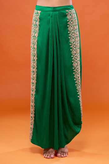 Anamika Khanna Emerald Green Embroidered Long Coat And Draped Dhoti Skirt Set at Aza Fashions Anamika Khanna_Emerald Green Embroidered Long Coat And Draped Dhoti Skirt Set _at_Aza_Fashions