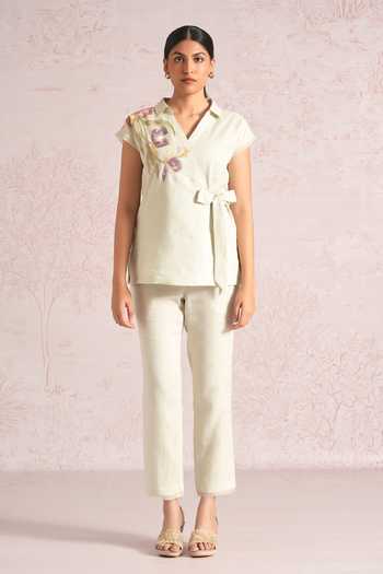 Kaveri Blue Linen Embroidery, Applique V-neck Painted Petals Wrap Top at Aza Fashions Kaveri_Blue Linen Embroidery, Applique V-neck Painted Petals Wrap Top _at_Aza_Fashions