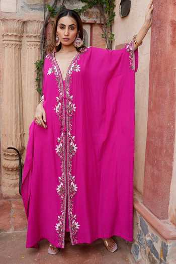Shop_Nazar By Indu_Pink Cotton, Georgette Pearls, Embroidery V-neck Kaftan _Online_at_Aza_Fashions