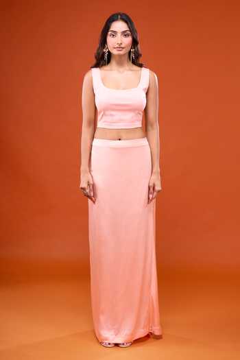 Buy_Anamika Khanna_Pink High Neck Embroidered Cape And Straight Skirt Set 
