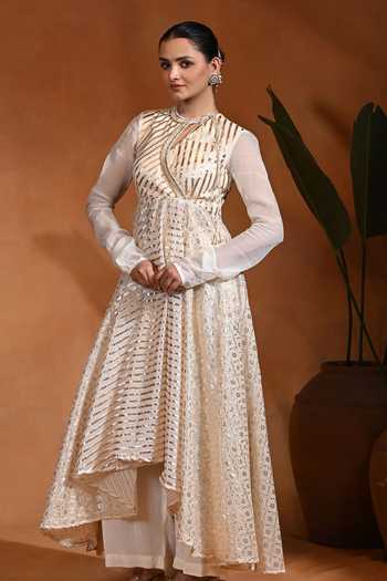 Shop Rishi and Vibhuti Ivory Organza, Chanderi, Crepe Keyhole Neck Masatani Anarkali Pant Set Online at Aza Fashions Shop_Rishi and Vibhuti_Ivory Organza, Chanderi, Crepe Keyhole Neck Masatani Anarkali Pant Set _Online_at_Aza_Fashions