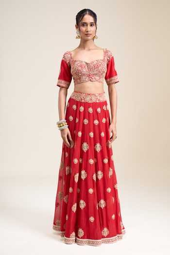 Buy_Anamika Khanna_Red Sweetheart Neck Embroidered Lehenga Set _Online_at_Aza_Fashions