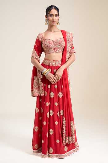 Shop_Anamika Khanna_Red Sweetheart Neck Embroidered Lehenga Set _Online_at_Aza_Fashions