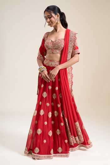 Anamika Khanna_Red Sweetheart Neck Embroidered Lehenga Set _at_Aza_Fashions