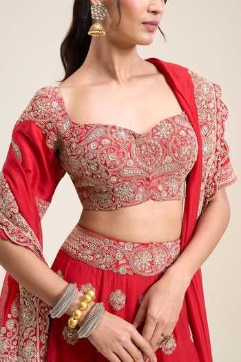 Buy_Anamika Khanna_Red Sweetheart Neck Embroidered Lehenga Set 