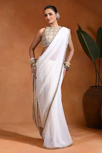 Rishi and Vibhuti Noor Saree With Sleeveless Embroidered Blouse 