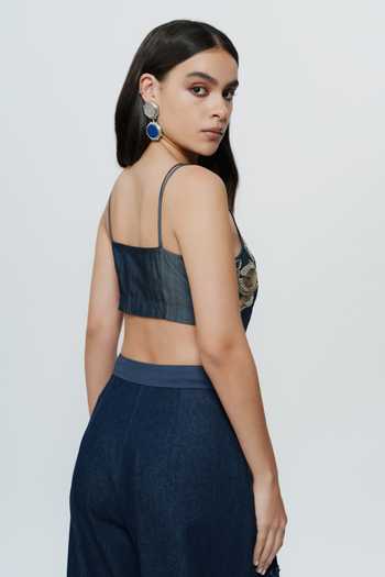 AK-OK Blue Denim Square Neck Hand Embroidered Threadwork Crop Top at Aza Fashions AK-OK_Blue Denim Square Neck Hand Embroidered Threadwork Crop Top _at_Aza_Fashions