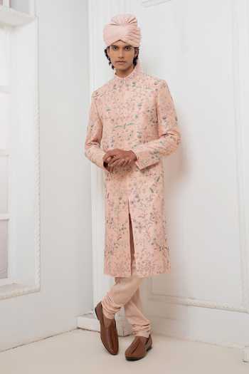 Buy Darshika Menswear Pink Silk Sequins, Embroidery Floral Motif Sherwani Churidar Set at Aza Fashions Buy_Darshika Menswear_Pink Silk Sequins, Embroidery Floral Motif Sherwani Churidar Set _at_Aza_Fashions