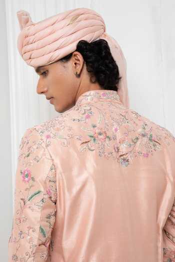 Shop Darshika Menswear Pink Silk Sequins, Embroidery Floral Motif Sherwani Churidar Set at Aza Fashions Shop_Darshika Menswear_Pink Silk Sequins, Embroidery Floral Motif Sherwani Churidar Set _at_Aza_Fashions
