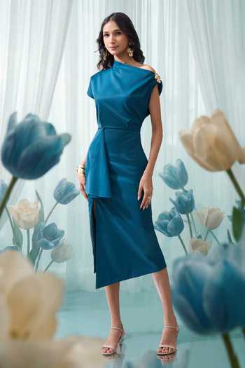 Naintara Bajaj One-Shoulder Draped Midi Slit Dress 