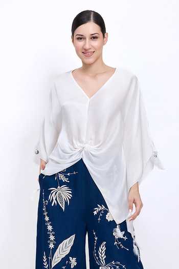 Shop Dilnaz Ivory Satin V-neck Draped Kaftan Online at Aza Fashions Shop_Dilnaz_Ivory Satin V-neck Draped Kaftan _Online_at_Aza_Fashions