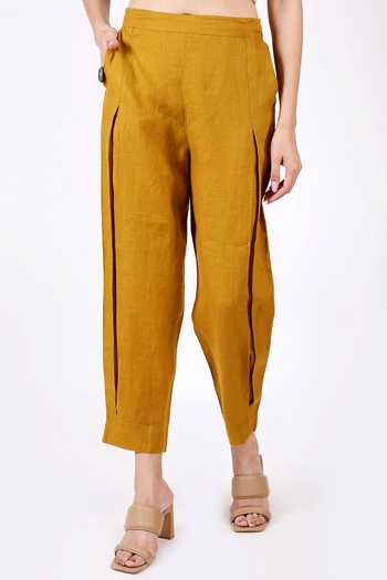 Buy_Linen Bloom_Yellow Linen Plain Pleated Pant _Online_at_Aza_Fashions