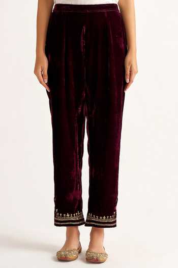 Buy_Anantaa By Roohi_Wine Velvet Embroidered Pant _Online_at_Aza_Fashions