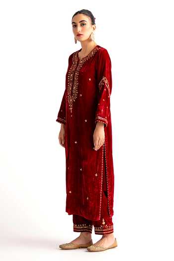 Shop_Anantaa By Roohi_Red Velvet Embroidered Pant _Online_at_Aza_Fashions